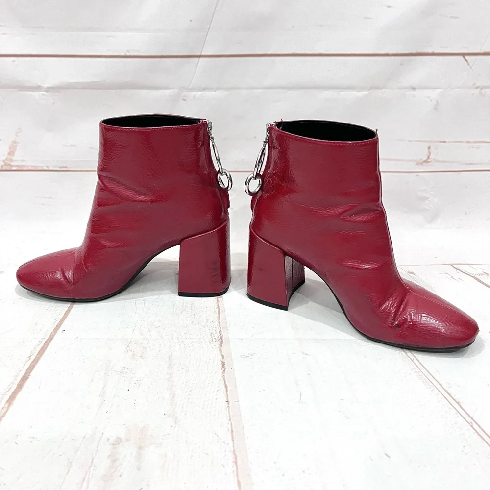 Zara Bloggers Favorite Retro Red Crinkled Patent Leather Block Heel Ankle Boots